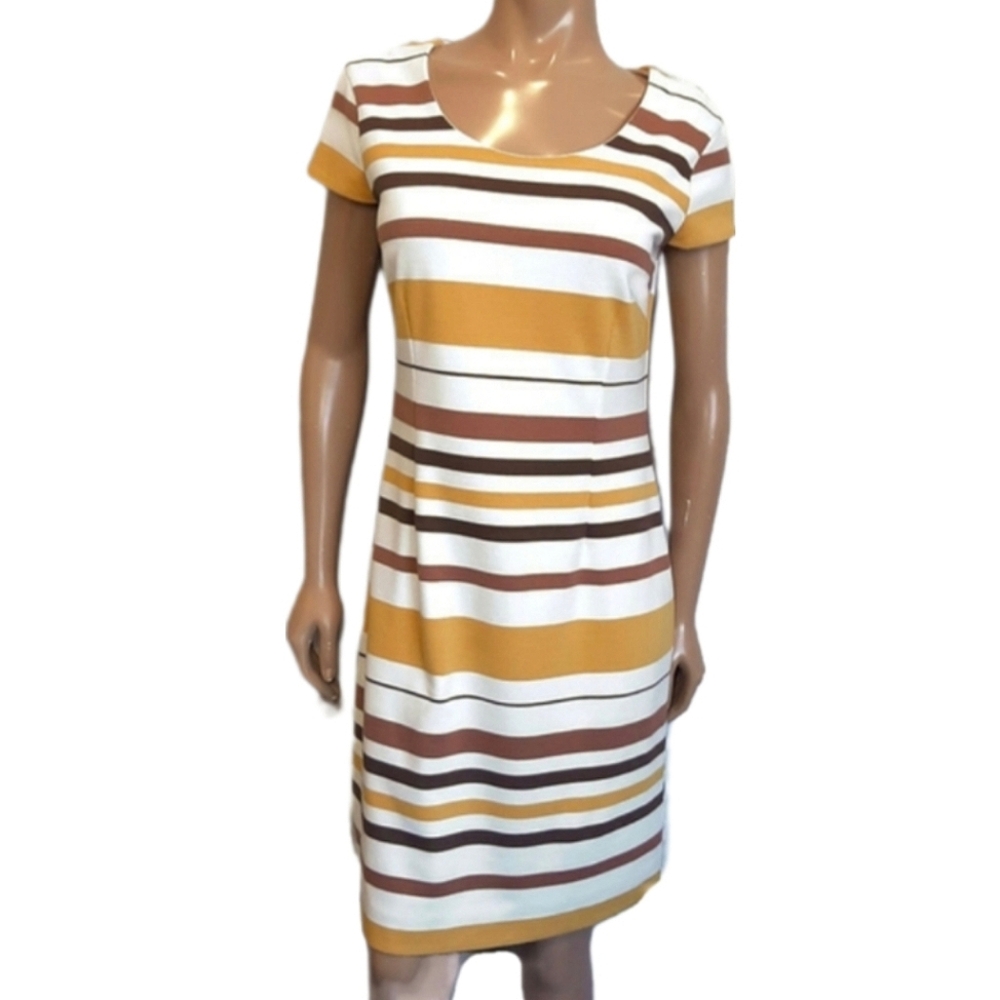 LYSE SPENARD Striped Short Sleeve Sheath Dress Womens Size Medium Yellow Brown